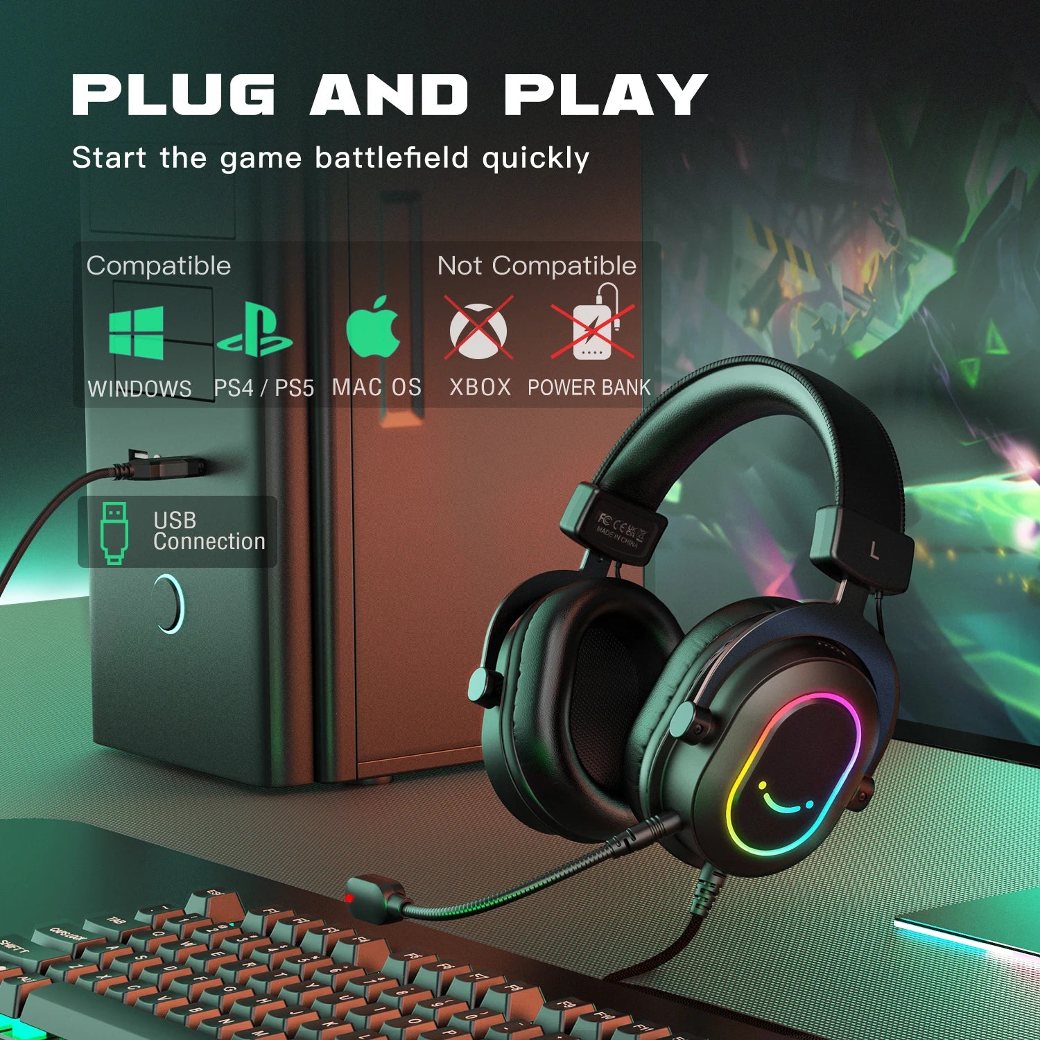 Fifine RGB Gaming Headset with 7.1 Surround Sound & Detachable Mic