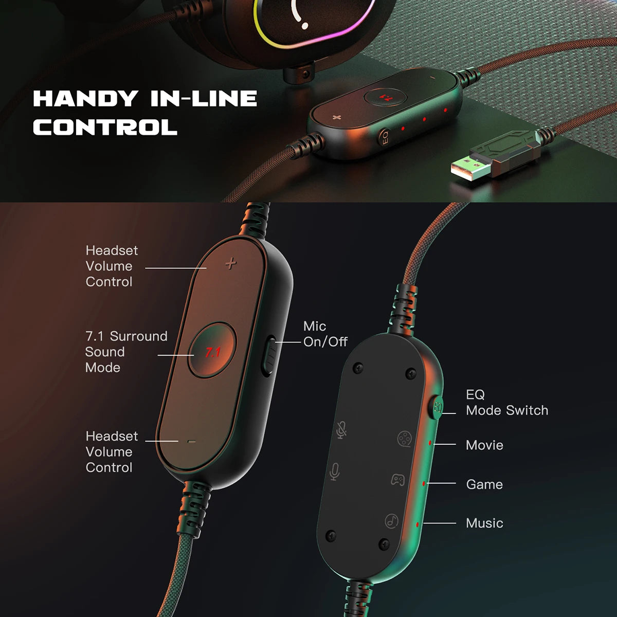 Fifine RGB Gaming Headset with 7.1 Surround Sound & Detachable Mic
